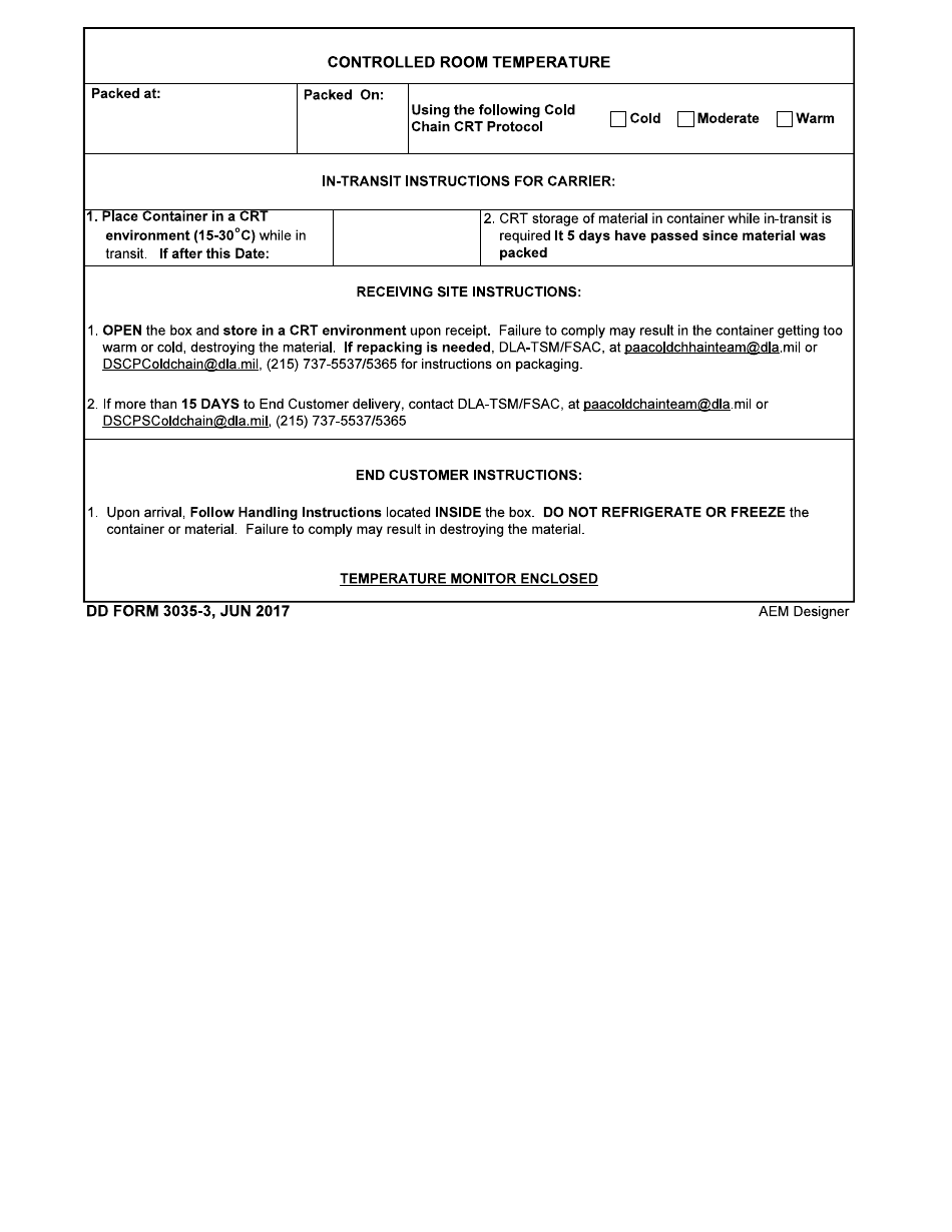 DD Form 3035-3 Cold Chain Management Shipping Label for Controlled Room Temperature Items, Page 1