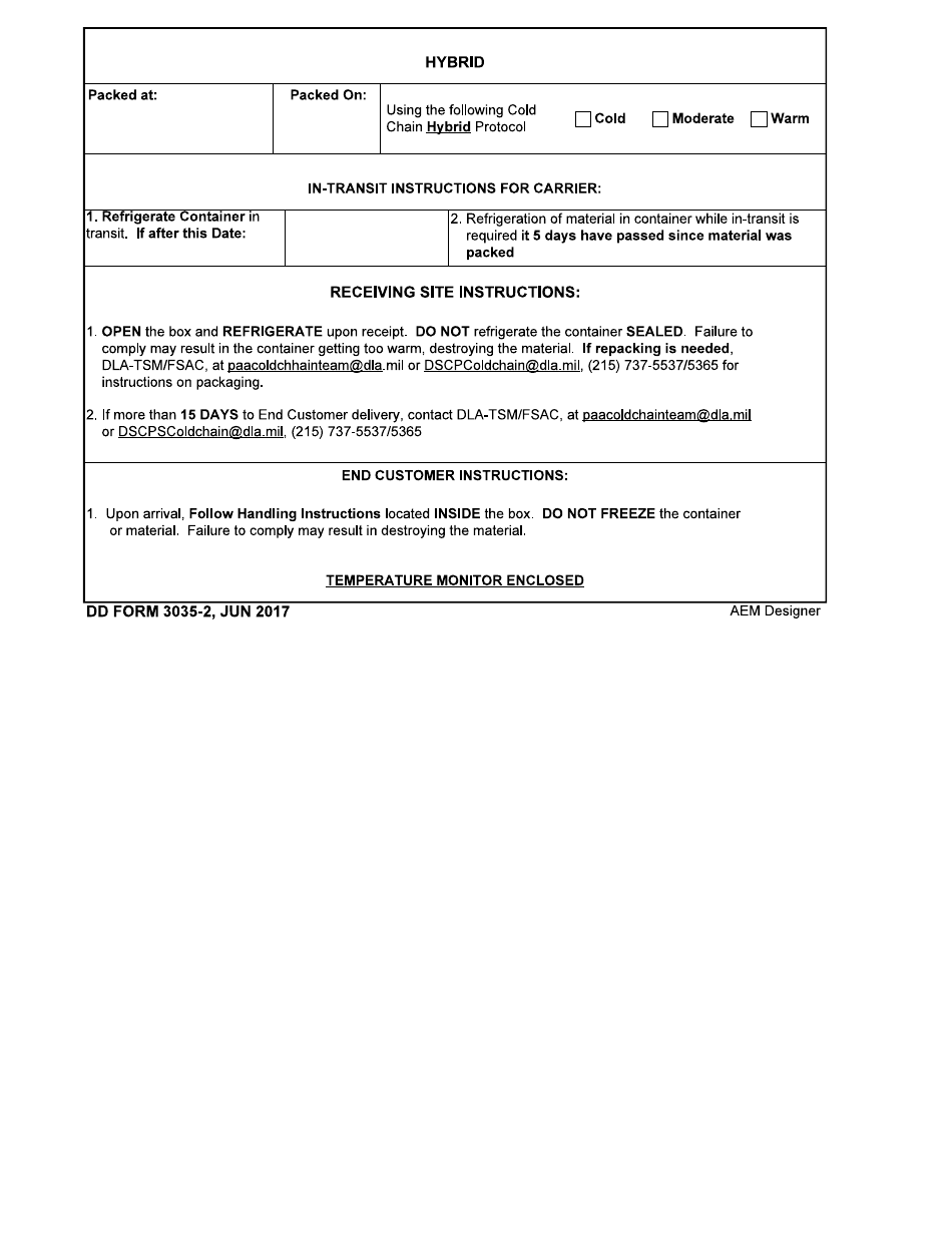 DD Form 3035-2 Cold Chain Management Shipping Label for Hybrid Items, Page 1