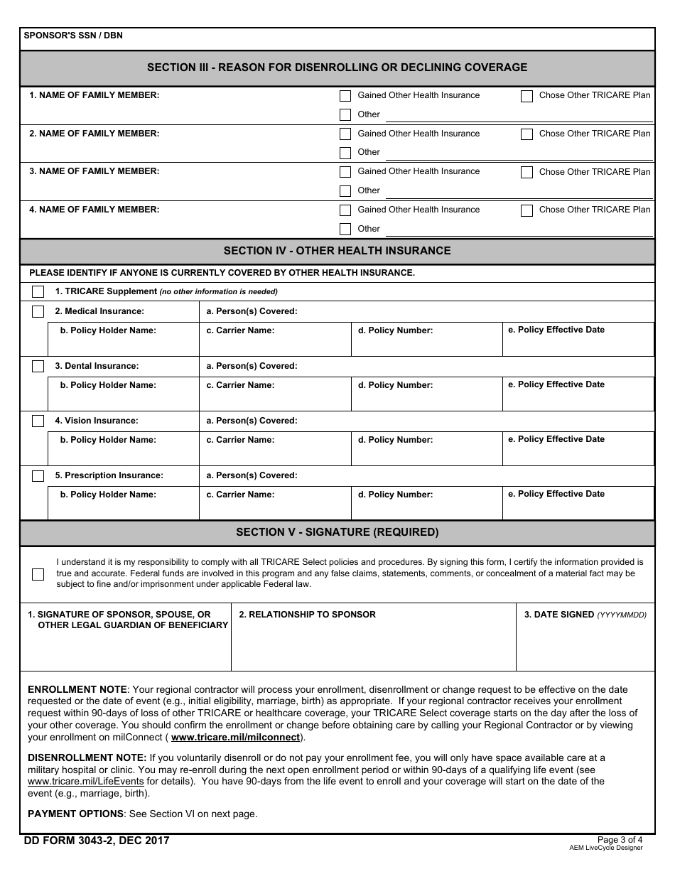 DD Form 3043-2 TRICARE Select Enrollment, Disenrollment, and Change Form (West), Page 3