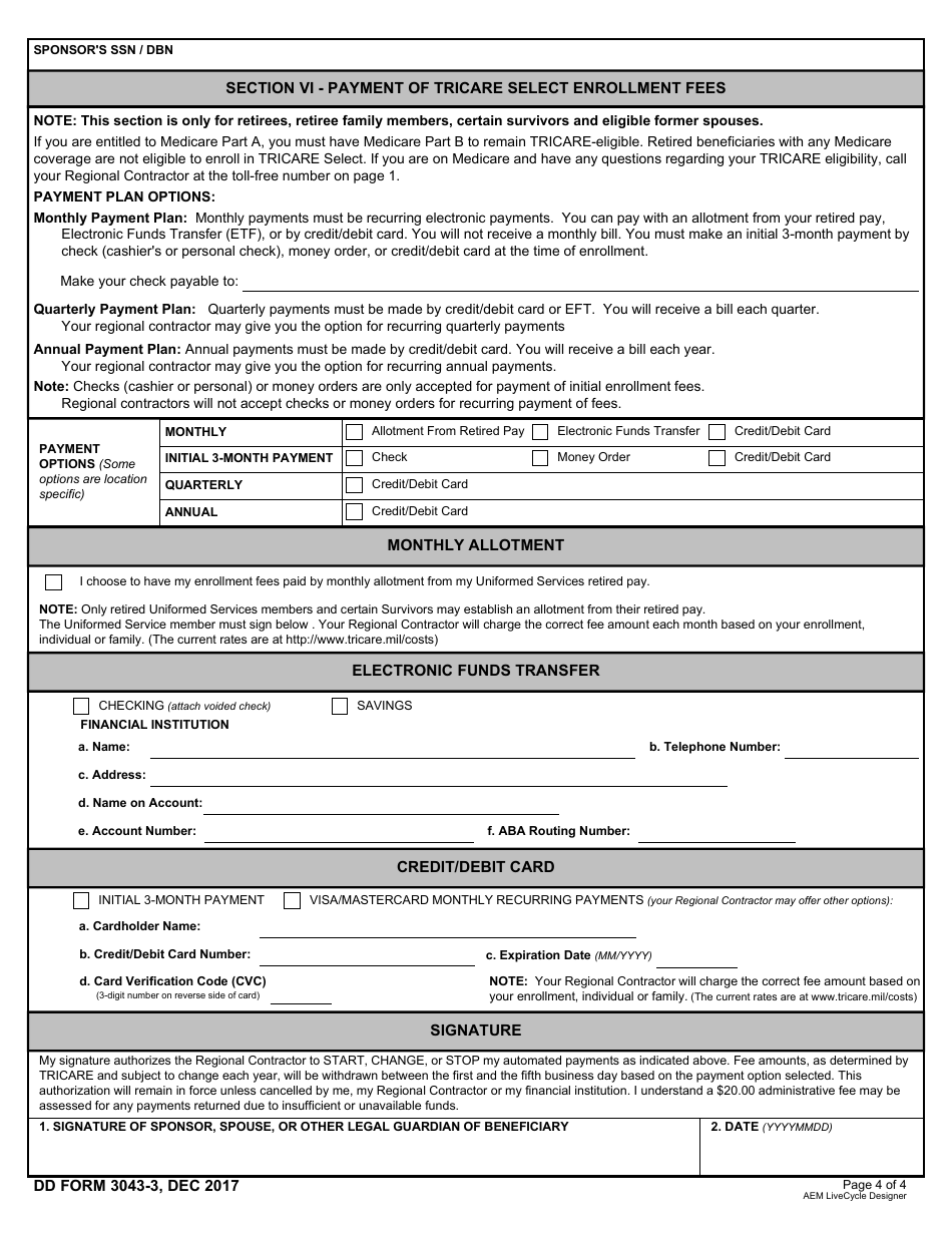 DD Form 3043-3 TRICARE Select Enrollment, Disenrollment, and Change Form (Overseas), Page 4