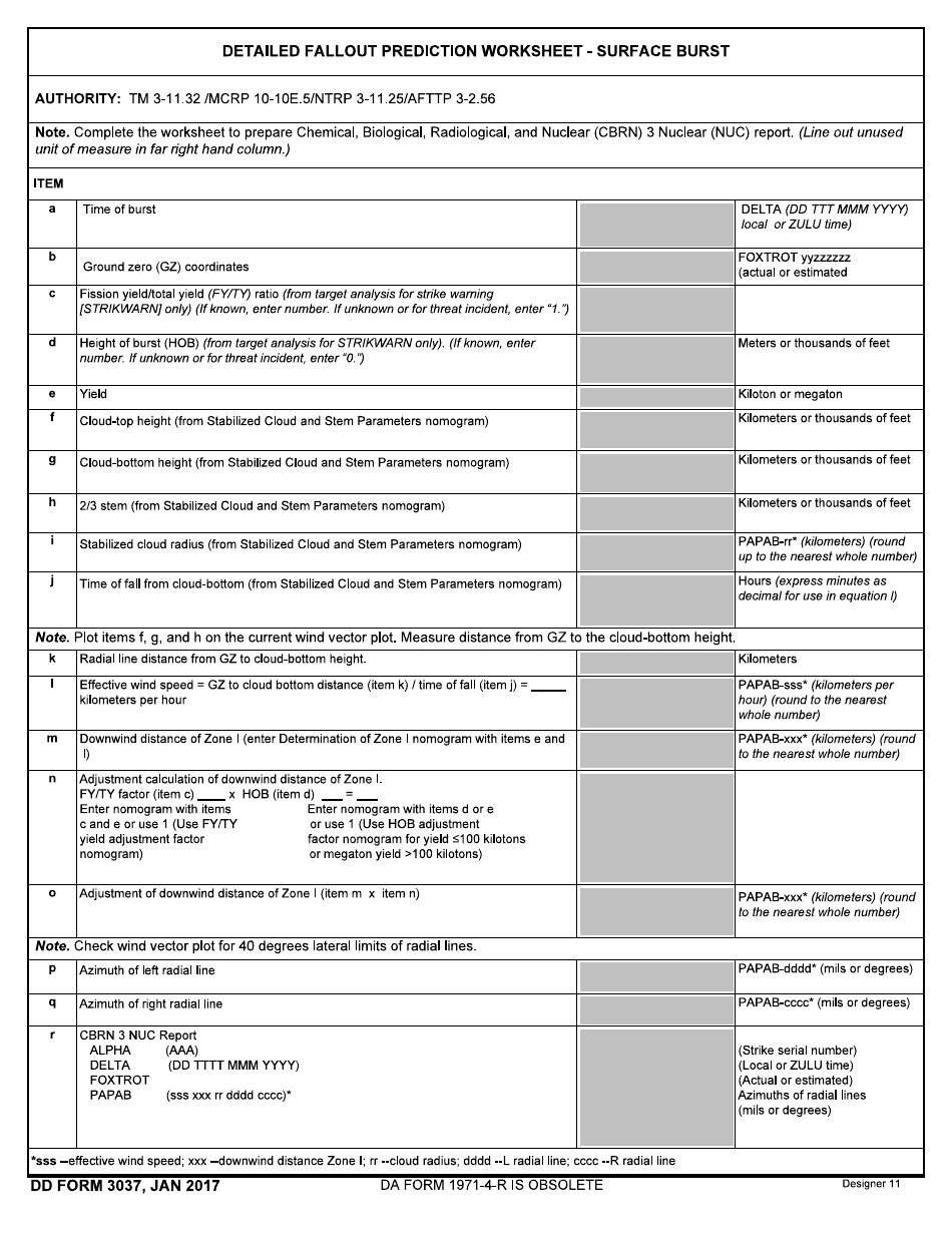 DD Form 3037 Detailed Fallout Prediction Worksheet - Surface Burst, Page 1