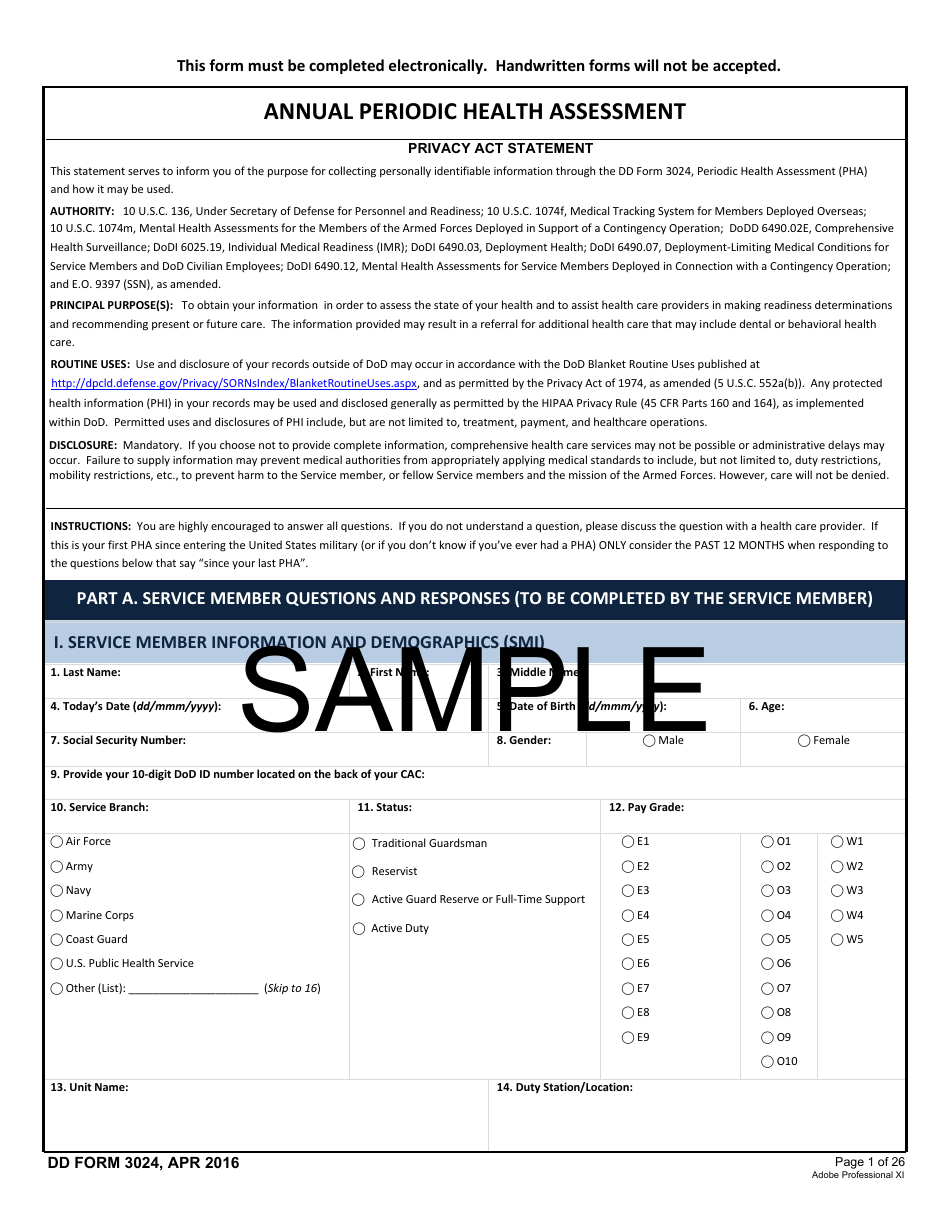 DD Form 3024 Annual Periodic Health Assessment, Page 1