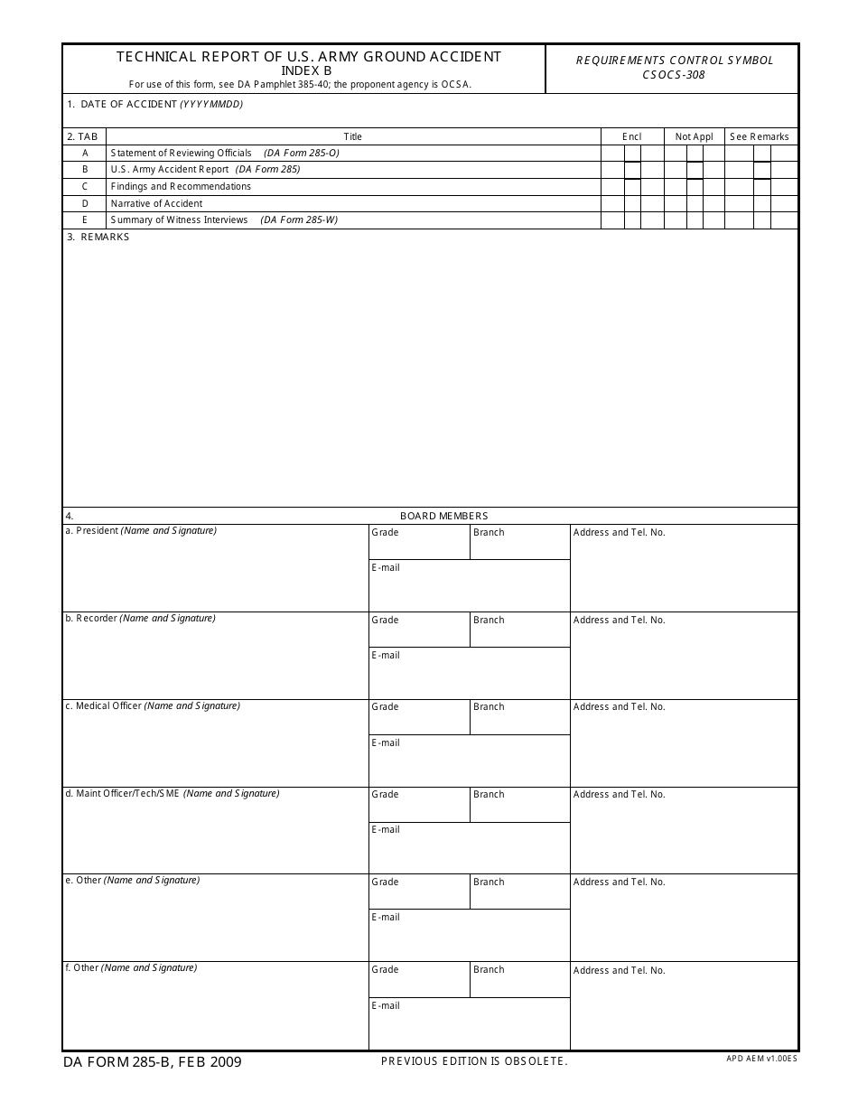 DA Form 285-b Technical Report of U.S. Army Ground Accident - Index B, Page 1