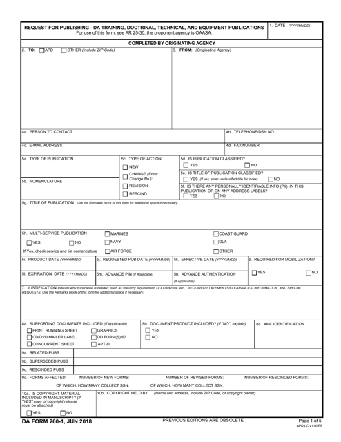 Da Form 260-1 Download Printable Pdf, Request For Publishing - Da 