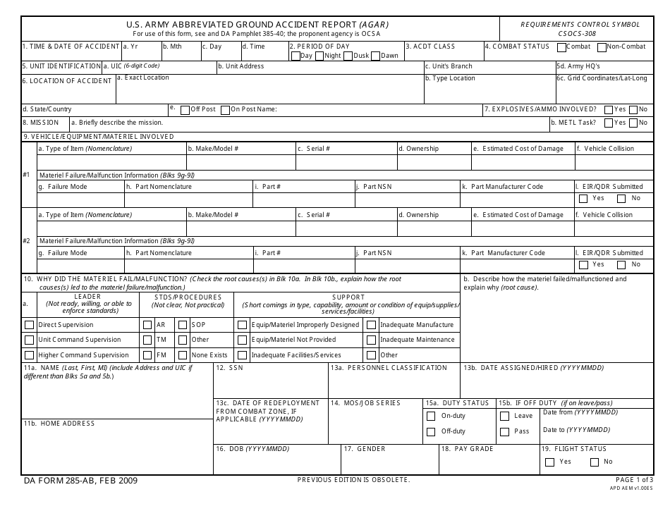 DA Form 285-ab U.S. Army Abbreviated Ground Accident Report (AGAR), Page 1