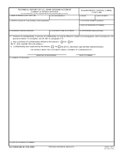 DA Form 285-w  Printable Pdf