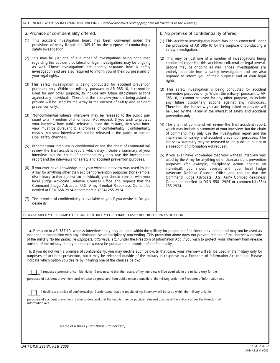 DA Form 285-w Technical Report of U.S. Army Ground Accident - Summary of Witness Interview, Page 2
