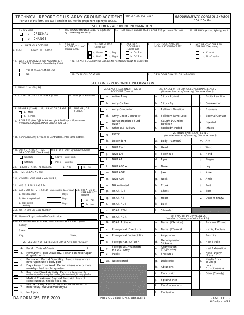 DA Form 285  Printable Pdf