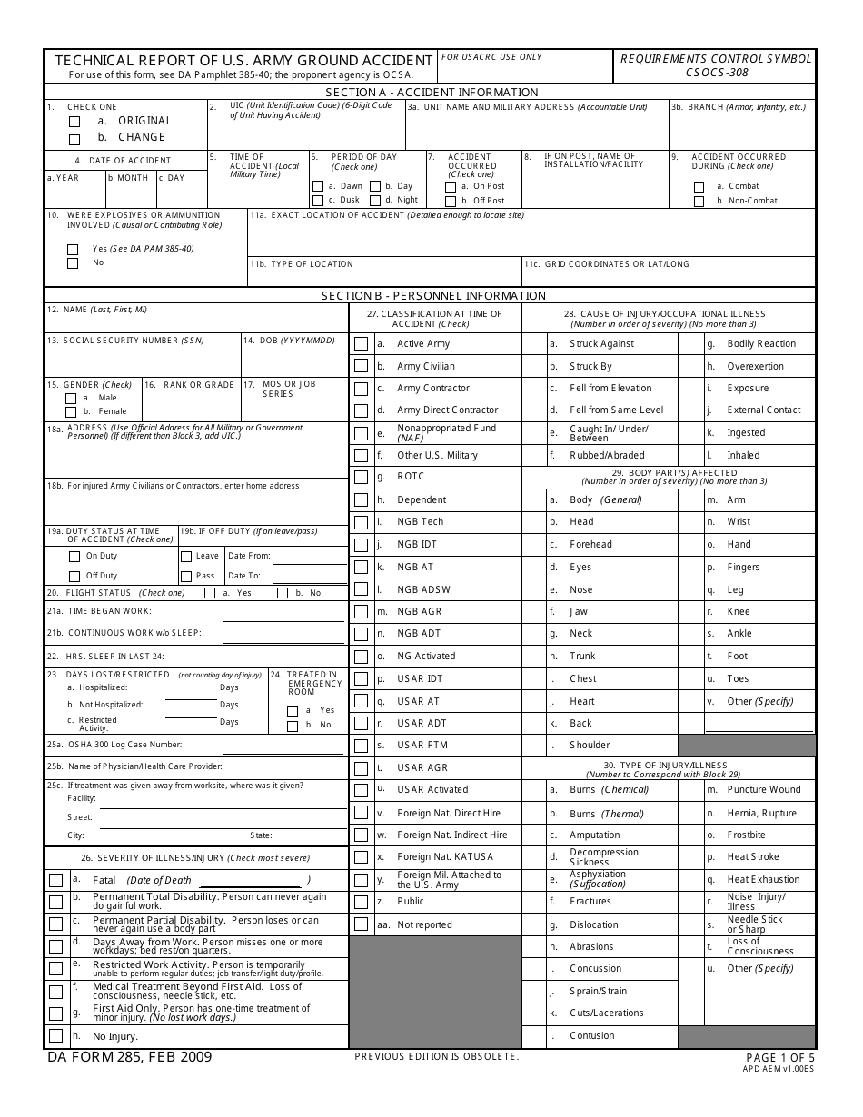 DA Form 285 Technical Report of U.S. Army Ground Accident, Page 1