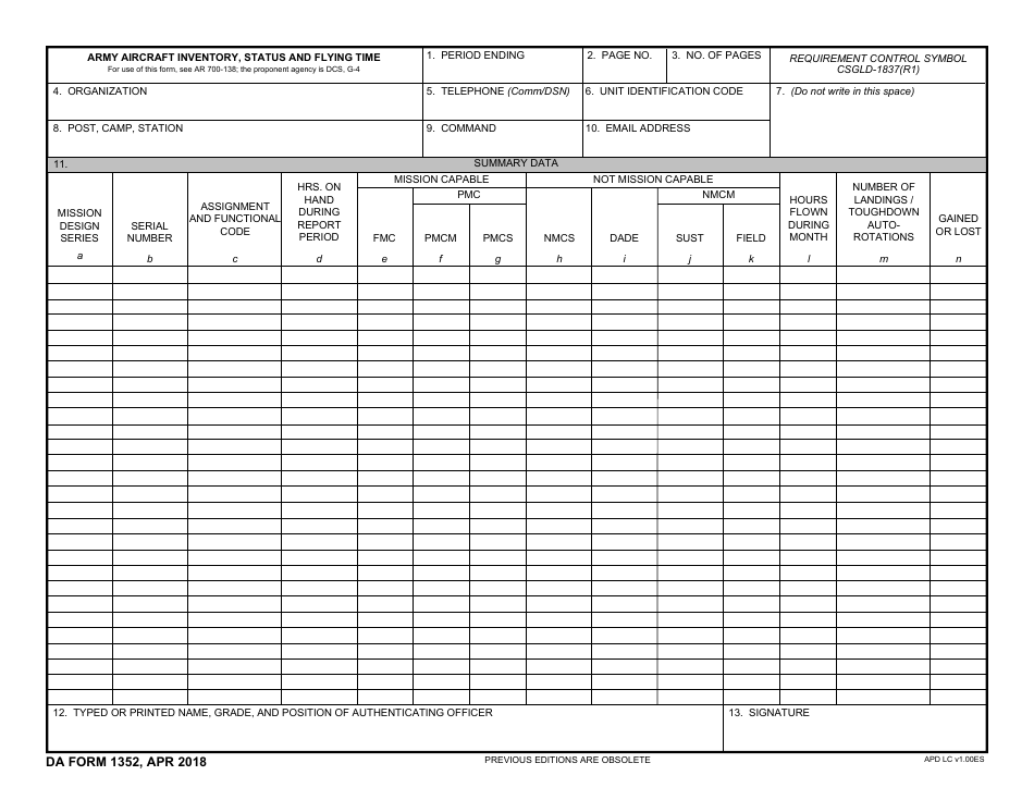 DA Form 1352 Army Aircraft Inventory, Status and Flying Time, Page 1