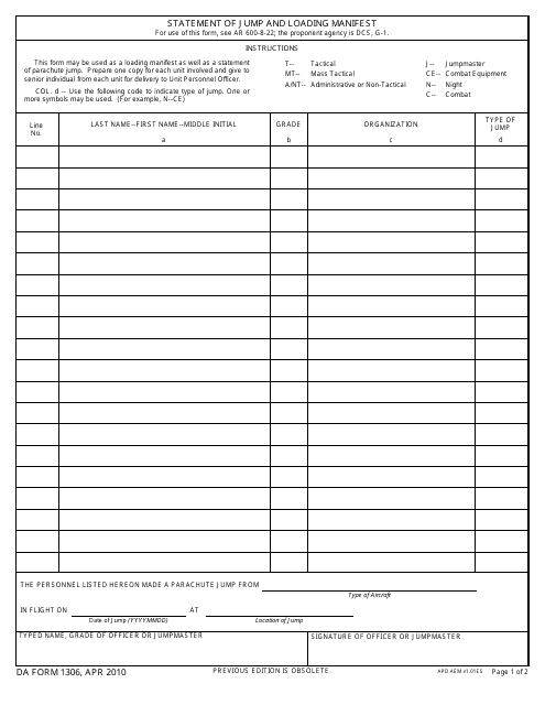 DA Form 1306  Printable Pdf