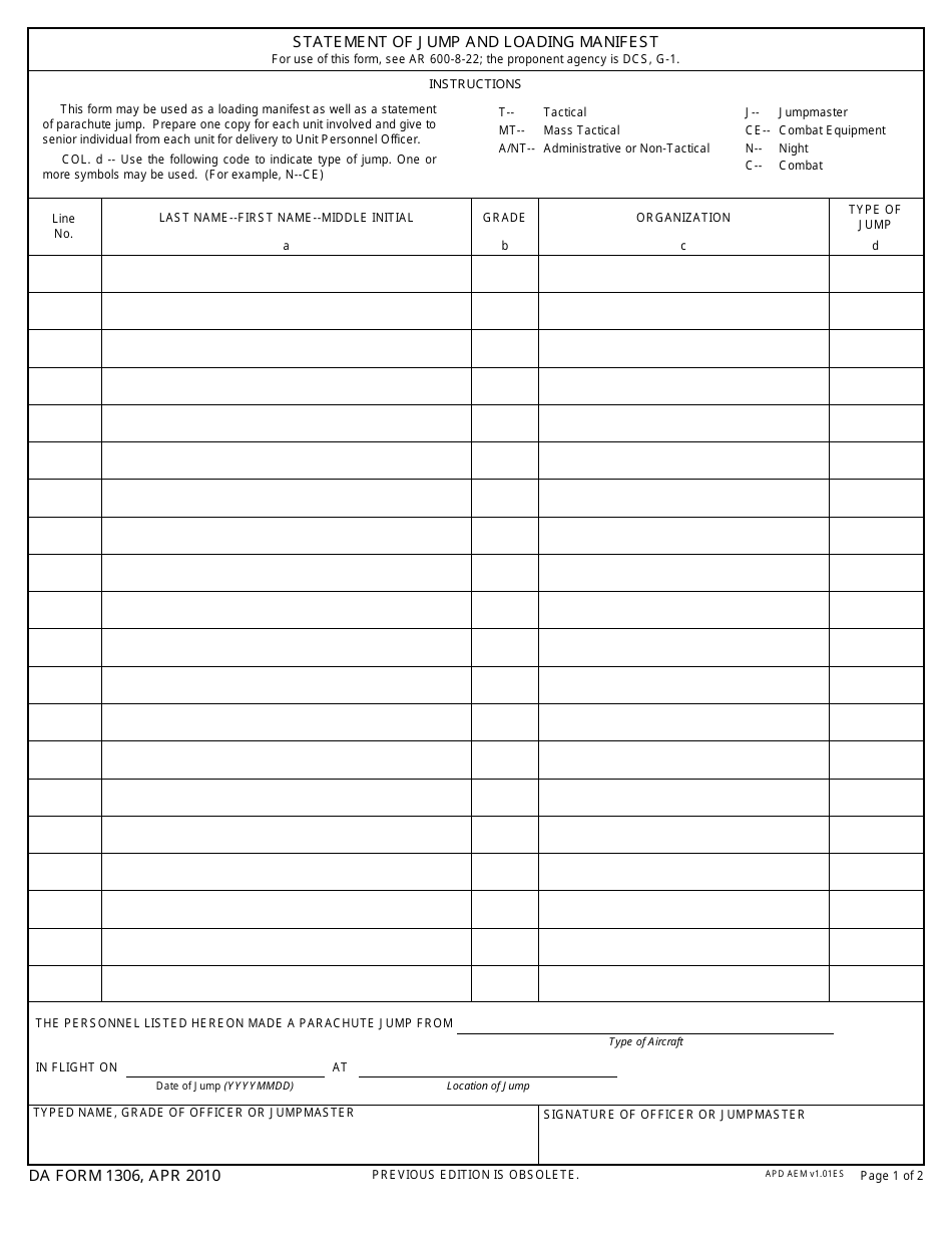 DA Form 1306 Statement of Jump and Loading Manifest, Page 1