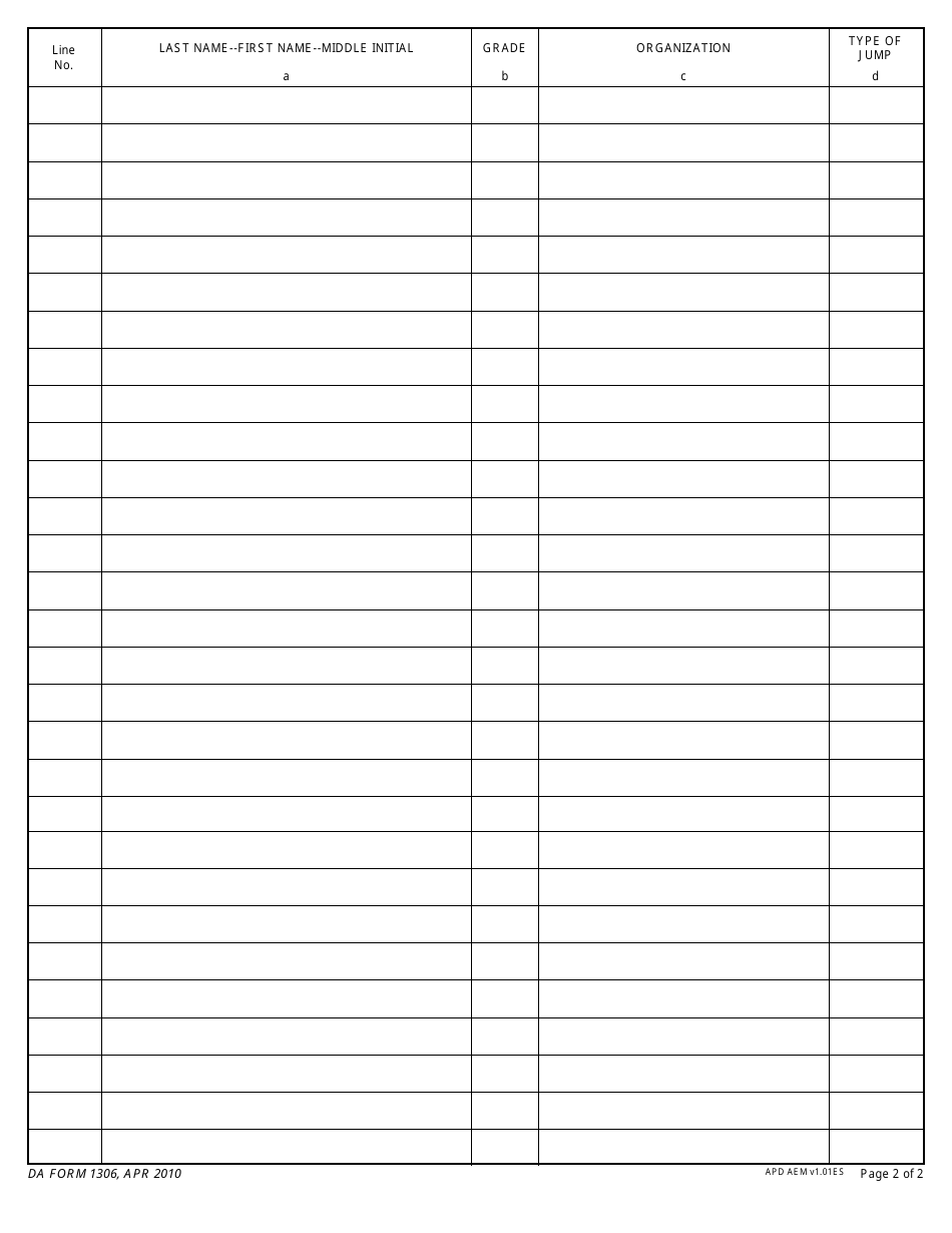 DA Form 1306 Statement of Jump and Loading Manifest, Page 2