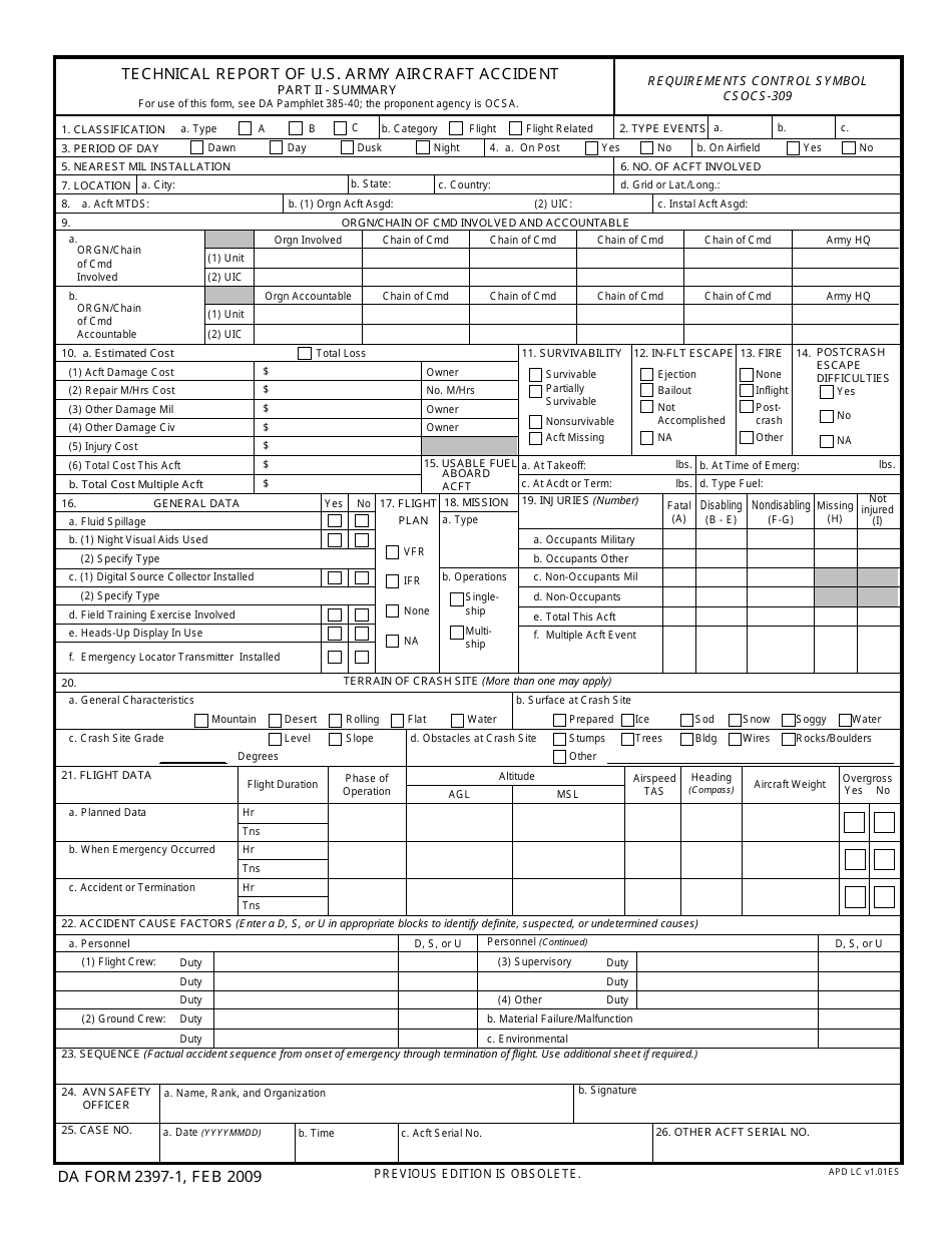 DA Form 2397-1 Technical Report of U.S. Army Aircraft Accident Part II - Summary, Page 1