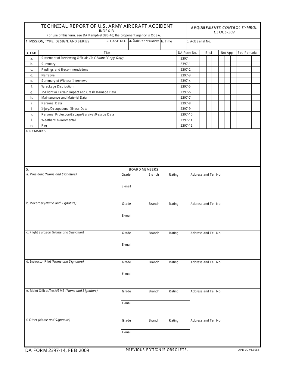 DA Form 2397-14 Technical Report of U.S. Army Aircraft Accident - Index B, Page 1