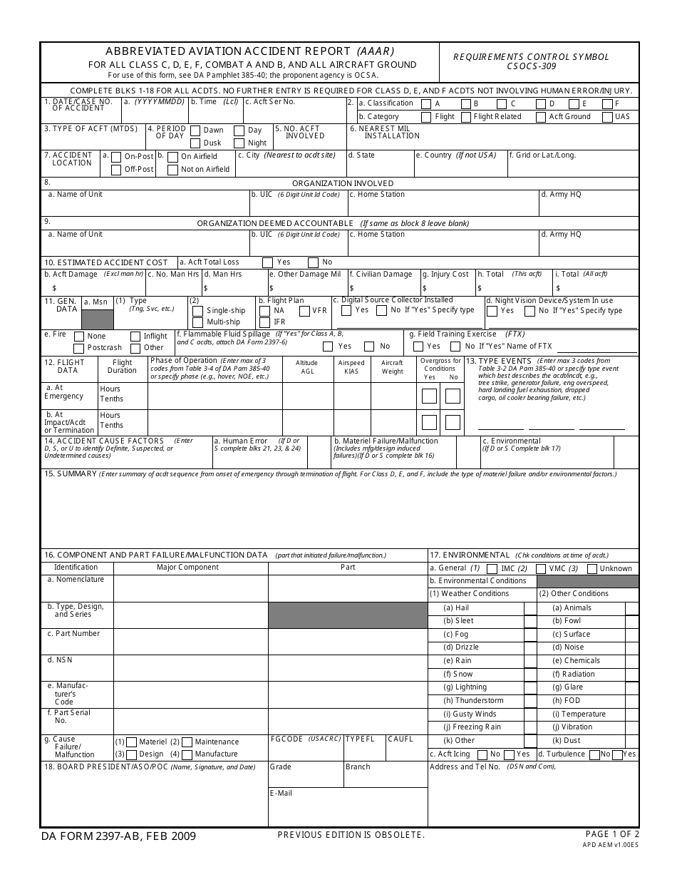 DA Form 2397-ab Abbreviated Aviation Accident Report (Aaar) for All Class C, D, E, F, Combat a and B, and All Aircraft Ground, Page 1
