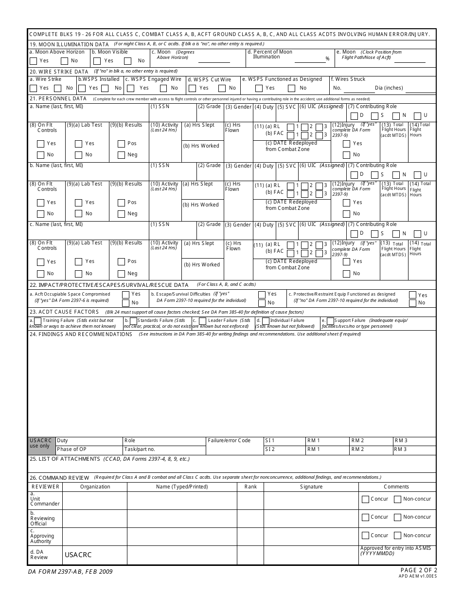 DA Form 2397-ab Abbreviated Aviation Accident Report (Aaar) for All Class C, D, E, F, Combat a and B, and All Aircraft Ground, Page 2