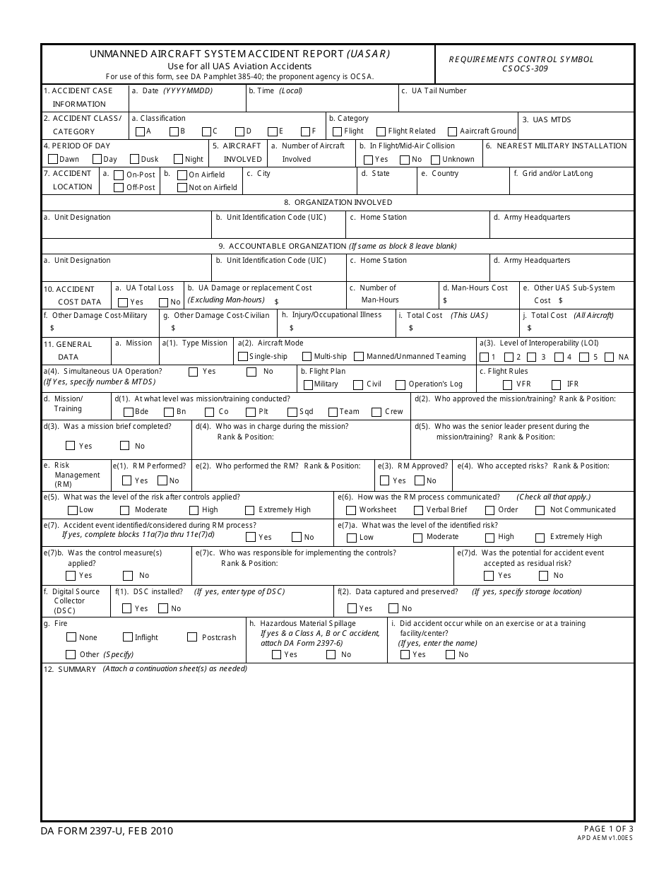 DA Form 2397-u Unmanned Aircraft System Accident Report (Uasar), Page 1
