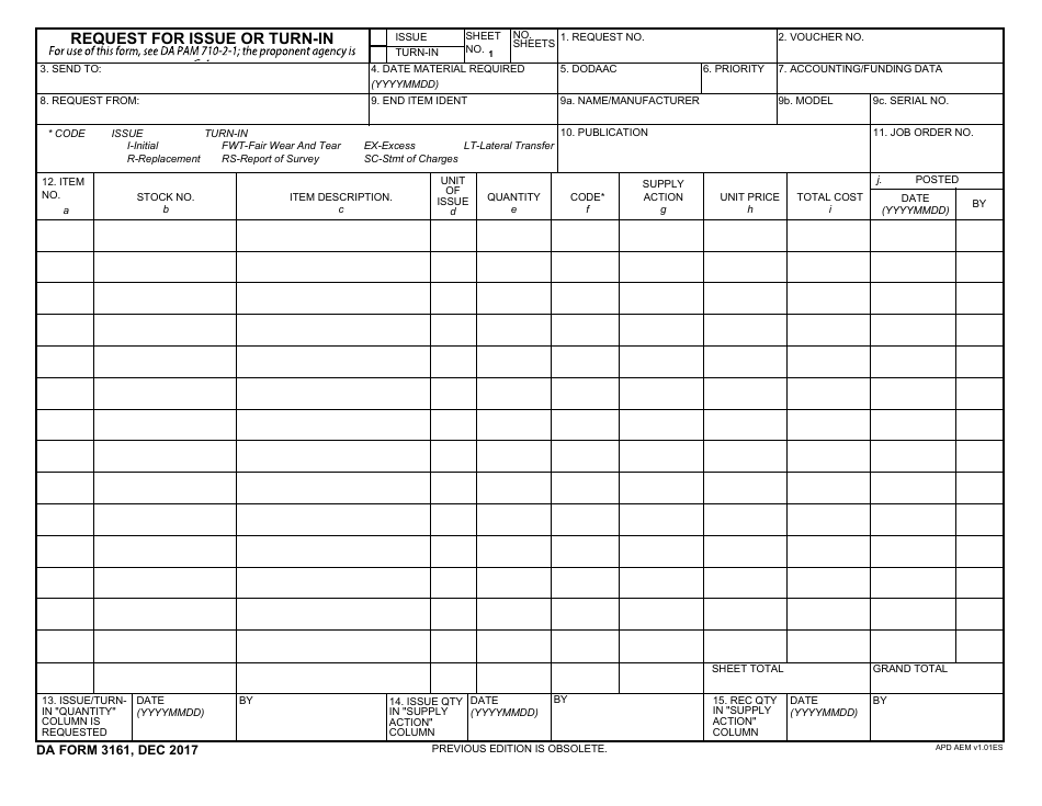 Da Form 3161 Download Fillable Pdf Or Fill Online Request For Issue Or