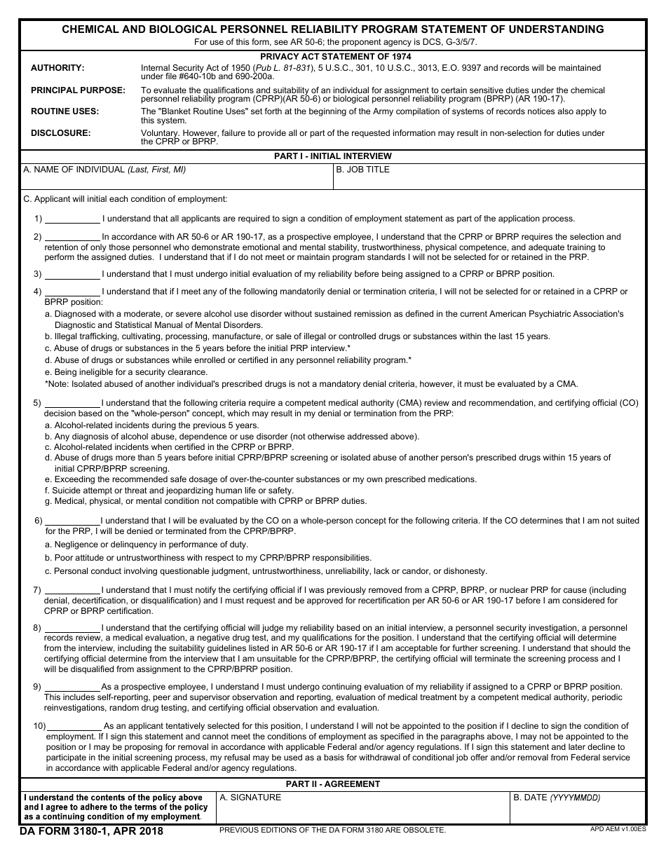 DA Form 3180-1 Chemical and Biological Personnel Reliability Program Statement of Understanding, Page 1