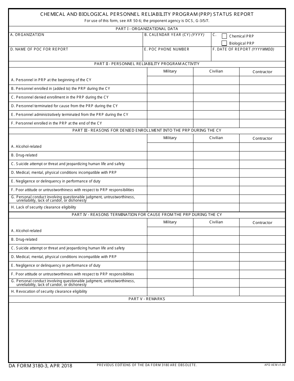 DA Form 3180-3 Chemical and Biological Personnel Reliability Program (PRP) Status Report, Page 1