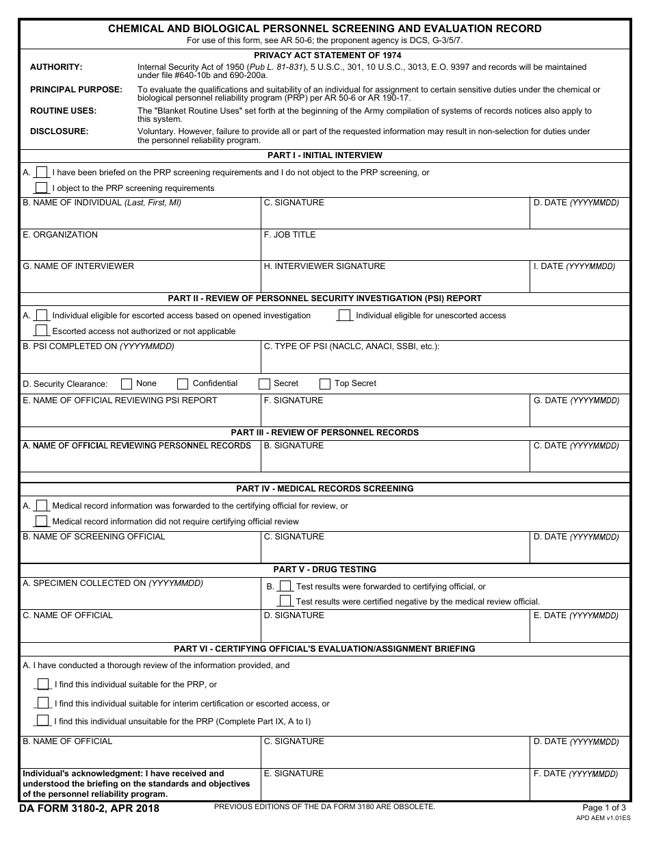 DA Form 3180-2 Chemical and Biological Personnel Screening and Evaluation Record, Page 1
