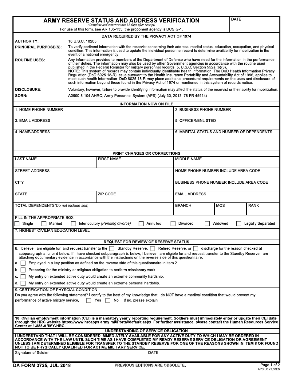 DA Form 3725 - Fill Out, Sign Online and Download Fillable PDF ...