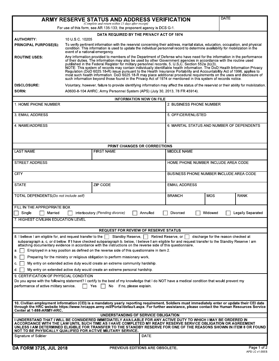 DA Form 3725 Army Reserve Status and Address Verification, Page 1