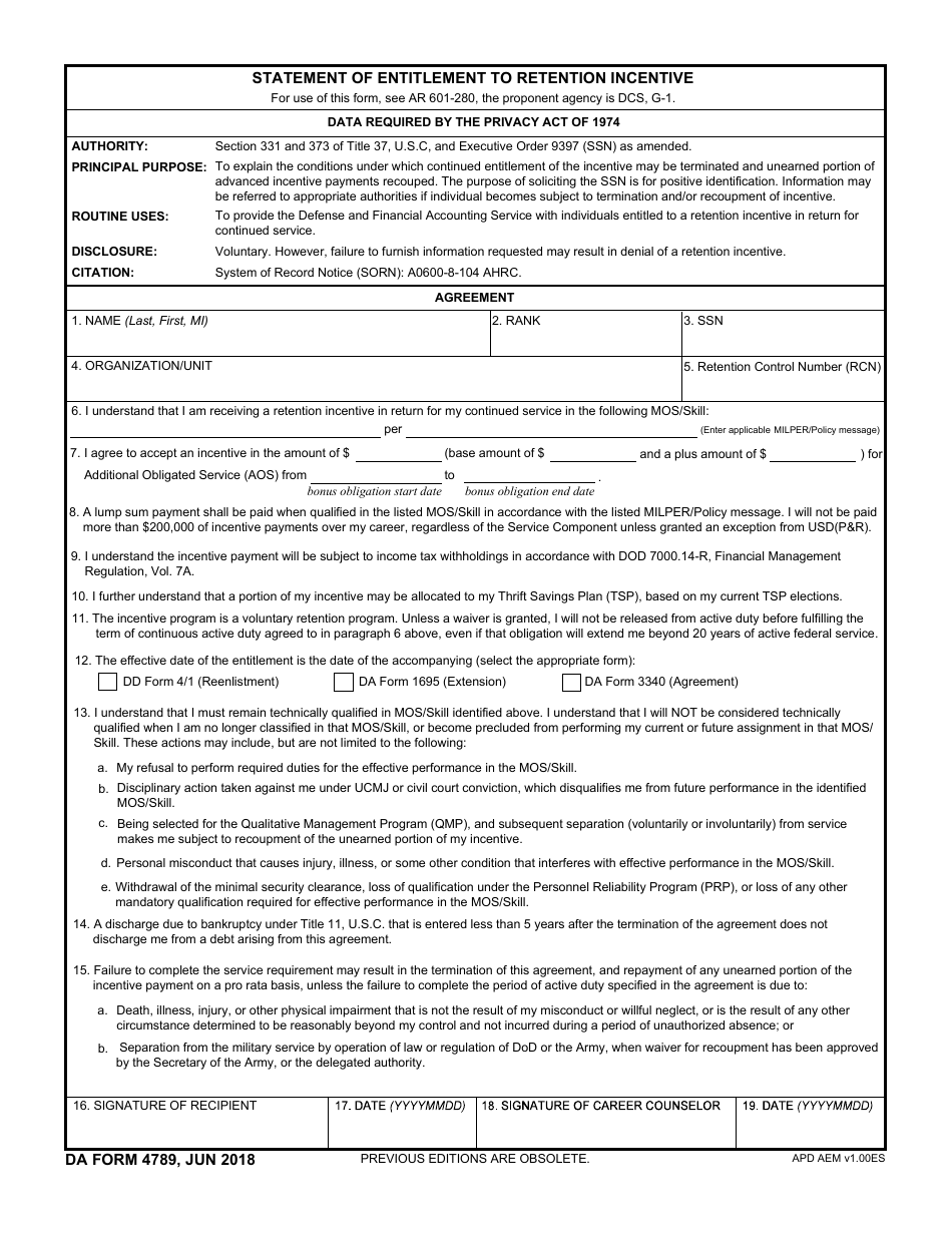 DA Form 4789 Statement of Entitlement to Retention Incentive, Page 1