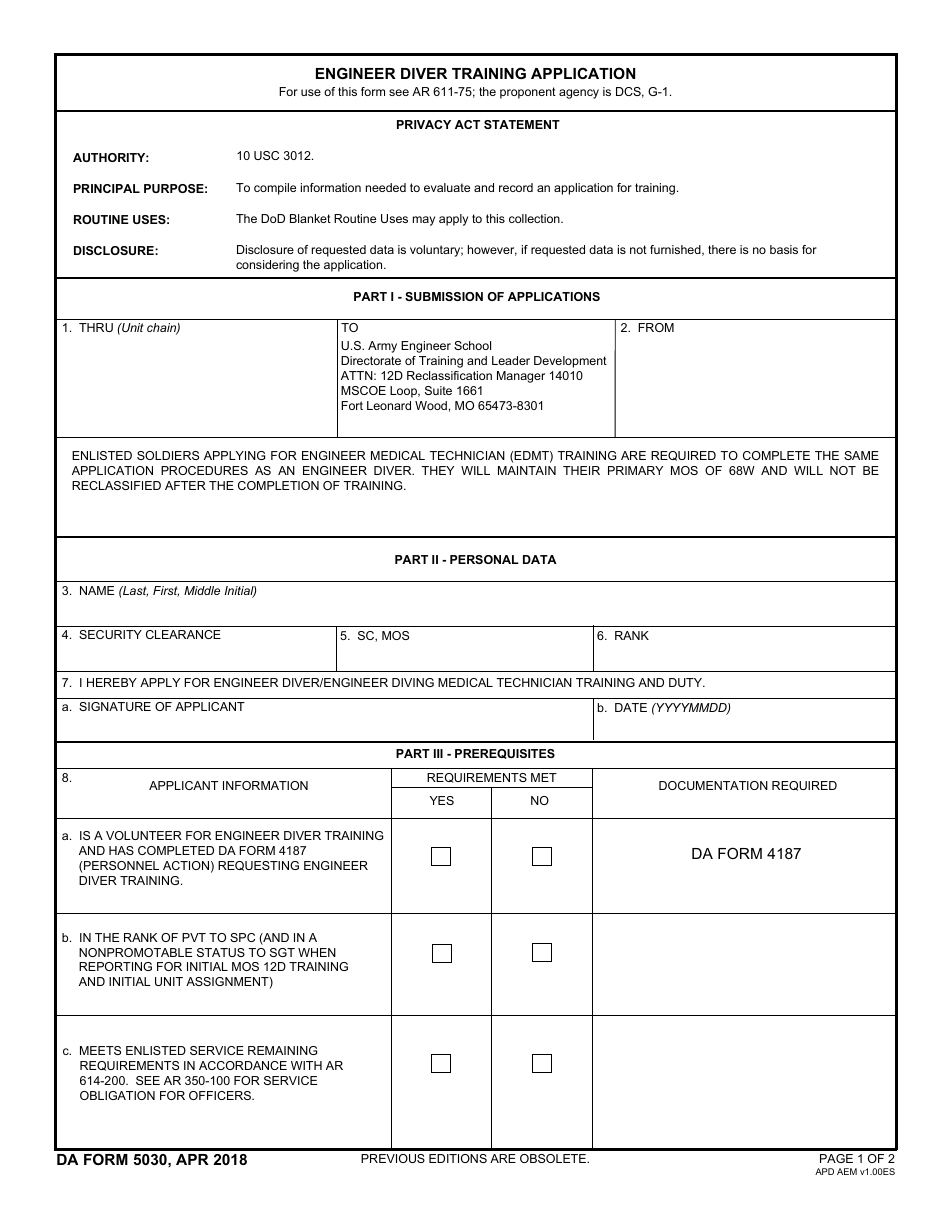 DA Form 5030 Engineer Diver Training Application, Page 1