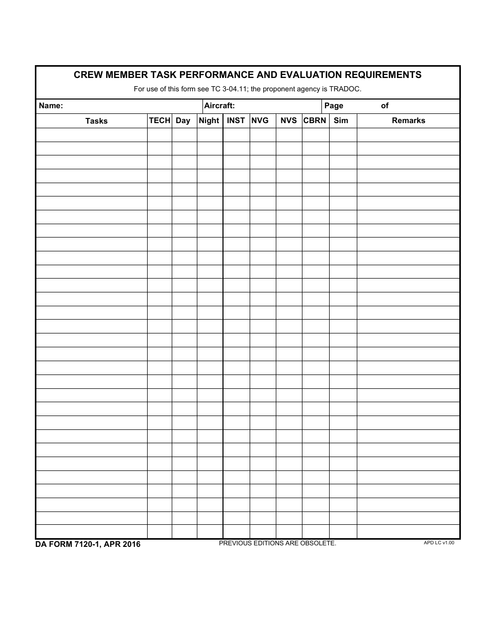 DA Form 7120-1 Crew Member Task Performance and Evaluation Requirements, Page 1