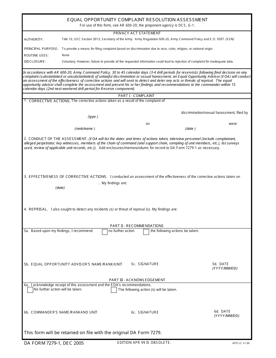 DA Form 7279-1 Equal Opportunity Complaint Resolution Assessment, Page 1