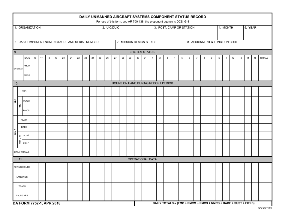 DA Form 7752-1 Daily Unmanned Aircraft Systems Component Status Record, Page 1