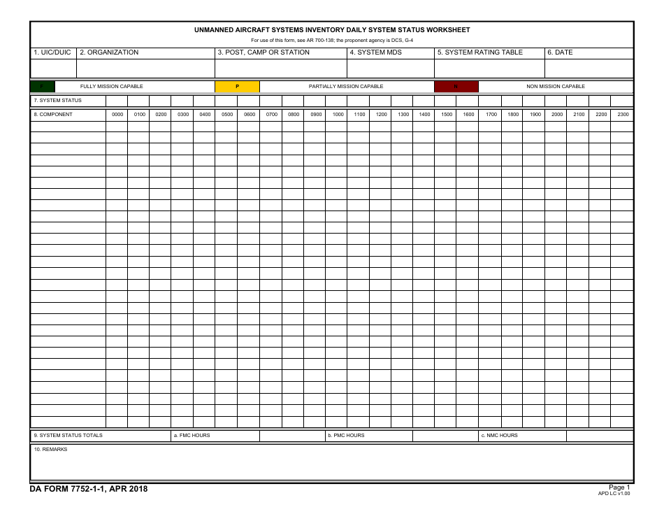 DA Form 7752-1-1 Daily Unmanned Aircraft Systems Component Status Worksheet, Page 1