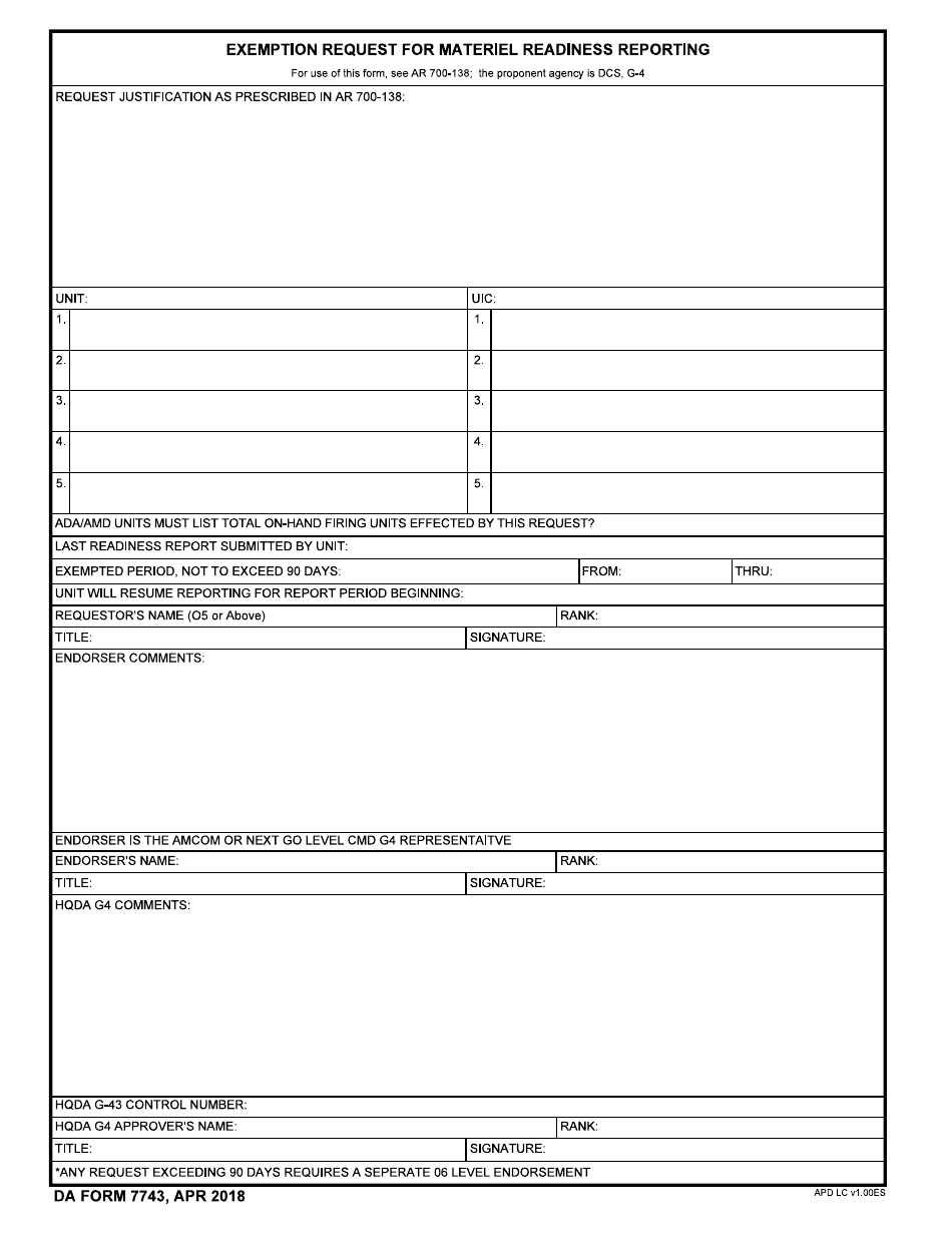 DA Form 7743 Exemption Request for Materiel Readiness Reporting, Page 1