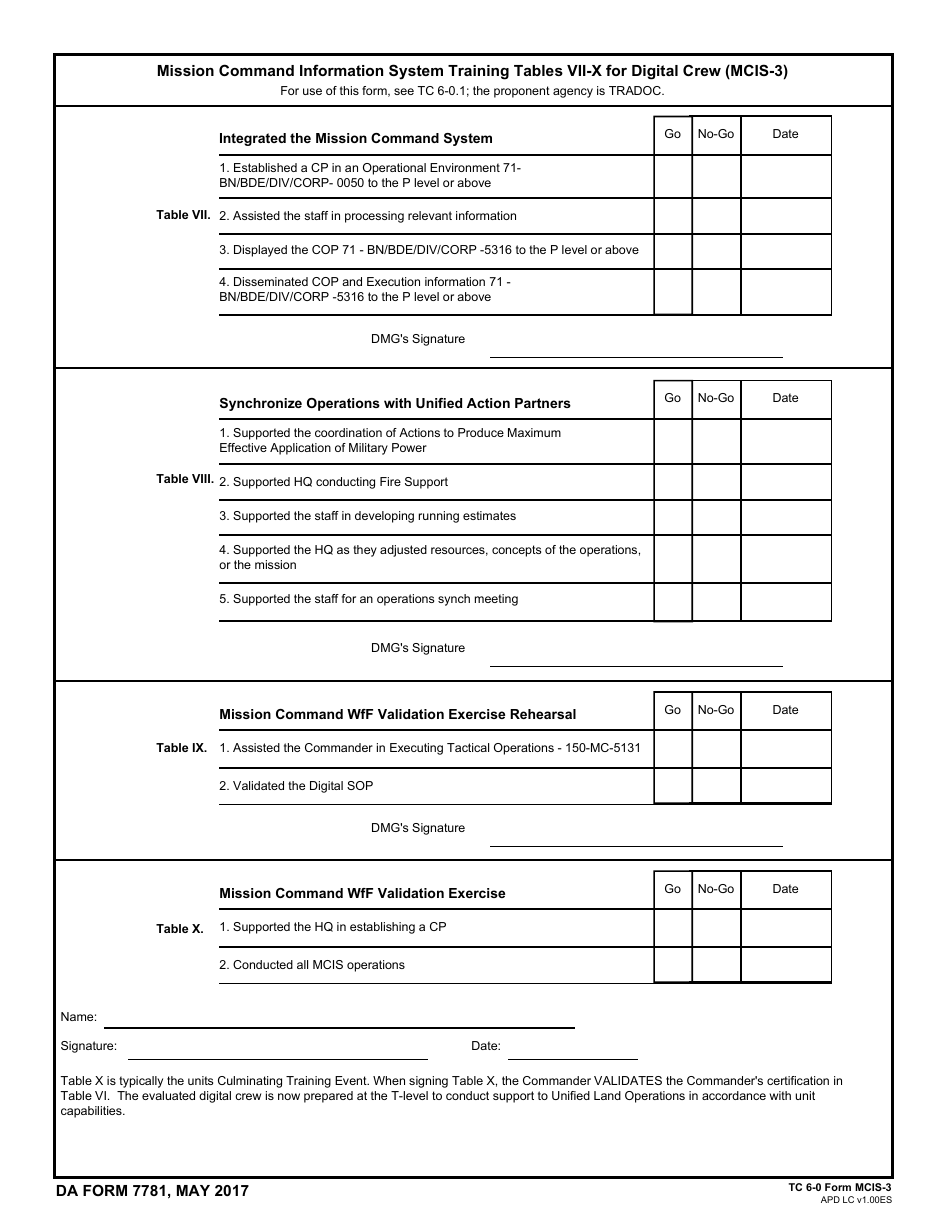 DA Form 7781 Mission Command Information Systems Training Tables VII-X for Digital Crew (Mcis-3), Page 1