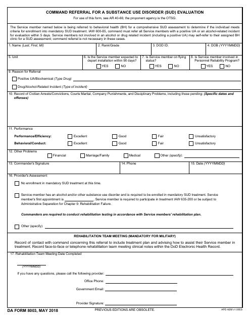 DA Form 8003 Command Referral for a Substance Use Disorder (Sud) Evaluation