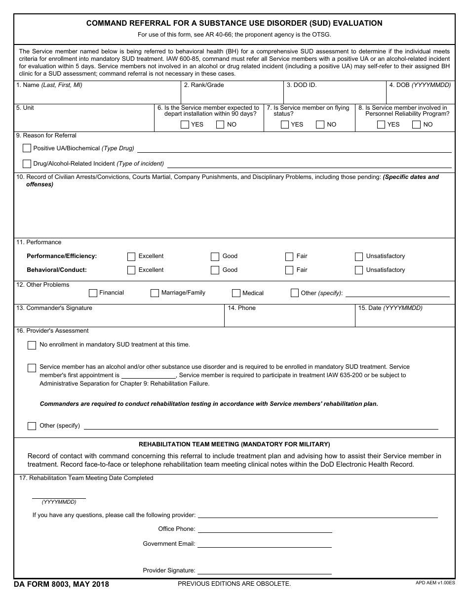 DA Form 8003 Command Referral for a Substance Use Disorder (Sud) Evaluation, Page 1