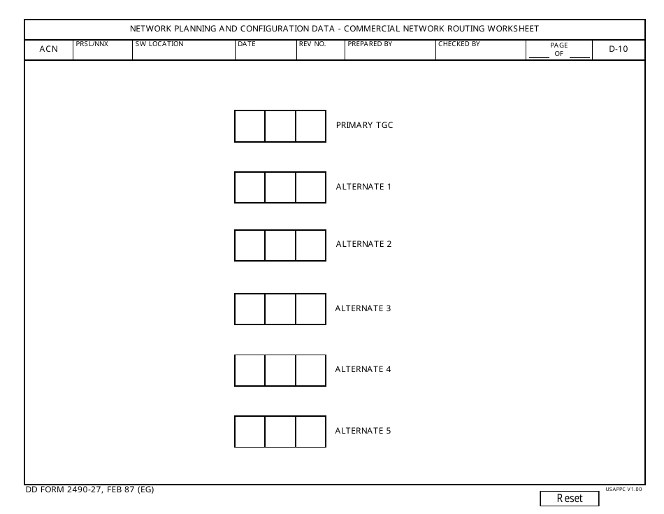 DD Form 2490-27 Network Planning and Configuration Data - Commercial Network Routing Worksheet, Page 1
