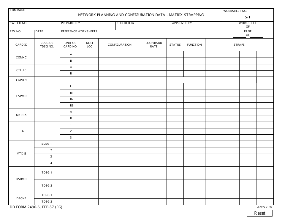 DD Form 2490-6 Network Planning and Configuration Data - Matrix Strapping, Page 1