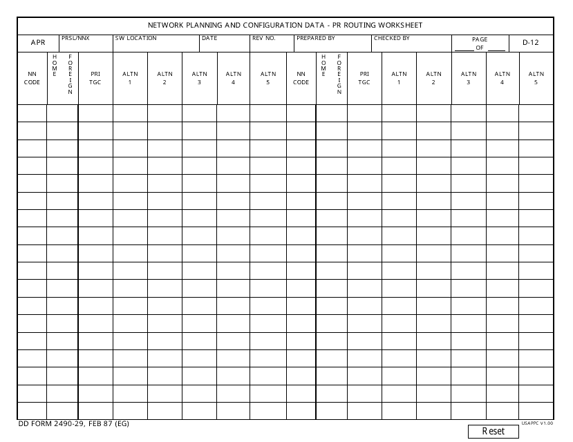 DD Form 2490-29 Network Planning and Configuration Data - Pr Routing Worksheet