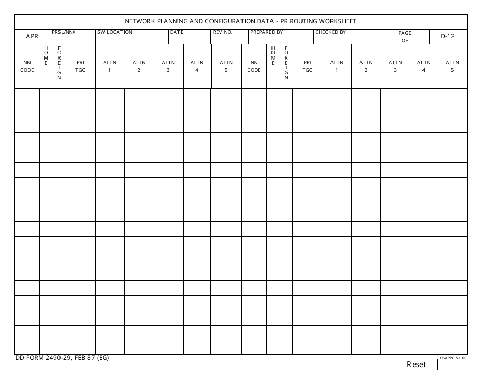 DD Form 2490-29 Network Planning and Configuration Data - Pr Routing Worksheet, Page 1