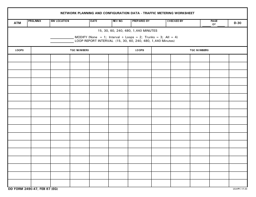 DD Form 2490-47 Network Planning and Configuration Data - Traffic Metering Worksheet