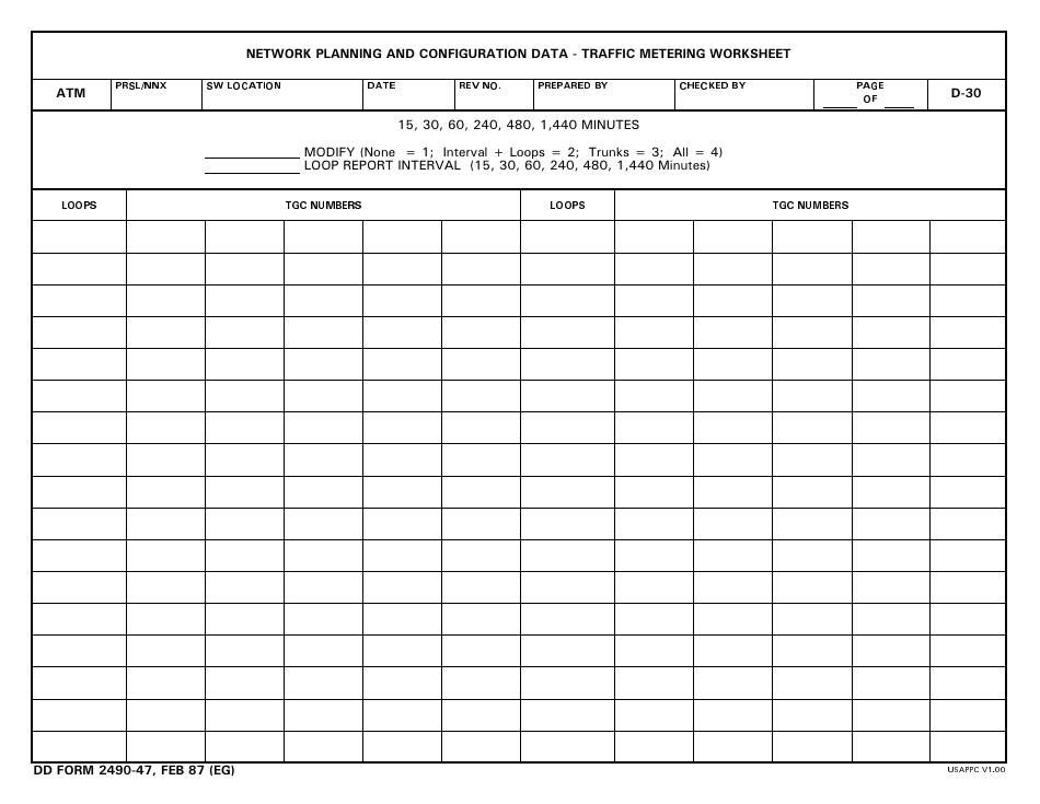 DD Form 2490-47 Network Planning and Configuration Data - Traffic Metering Worksheet, Page 1
