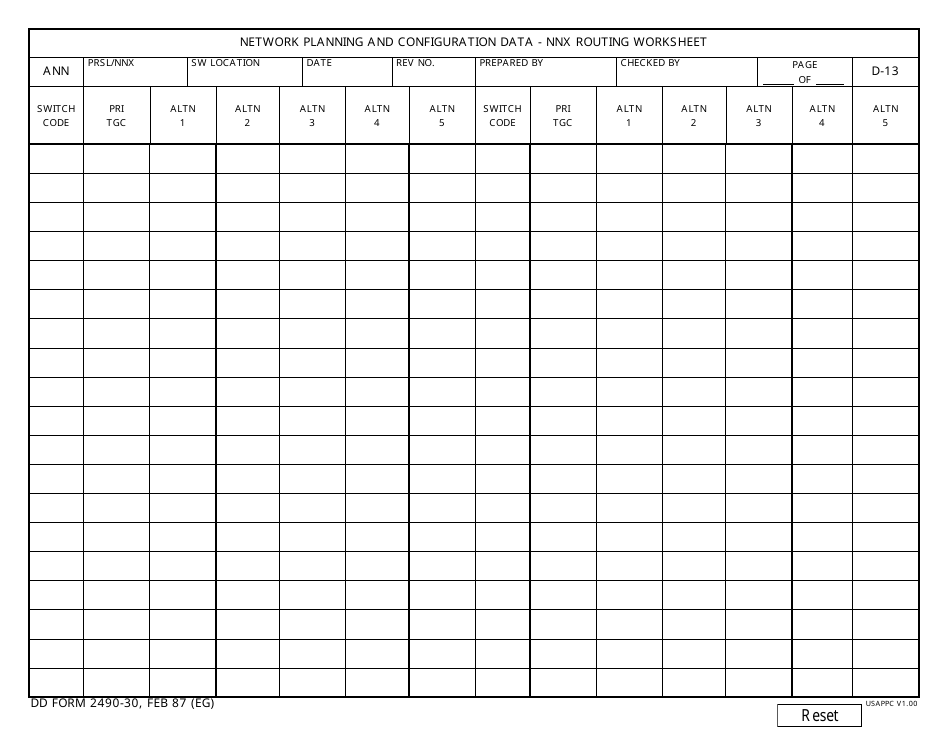 DD Form 2490-30 Network Planning and Configuration Data - Nnx Routing Worksheet, Page 1