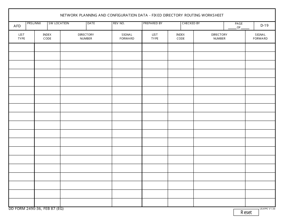 DD Form 2490-36 Network Planning and Configuration Data - Fixed Directory Routing Worksheet, Page 1