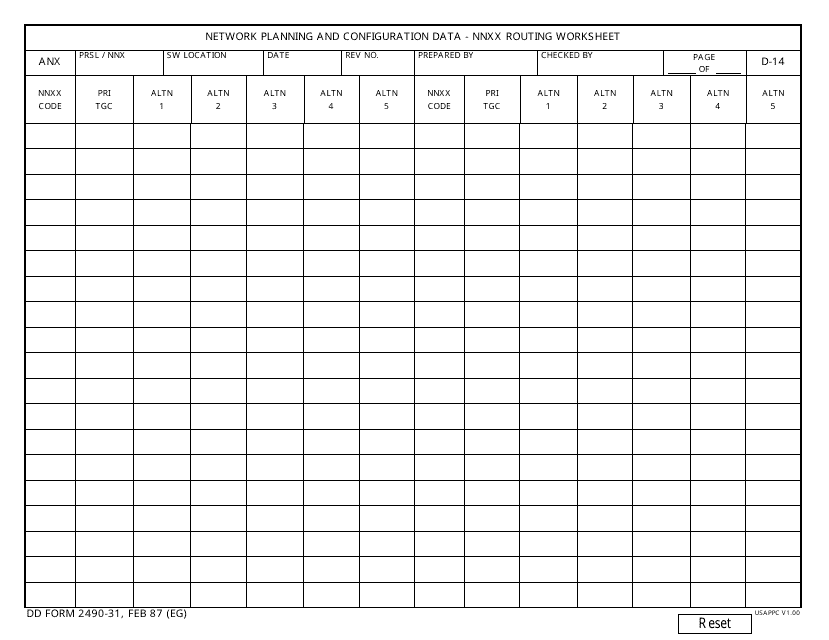 DD Form 2490-31 Network Planning and Configuration Data - Nnxx Routing Worksheet