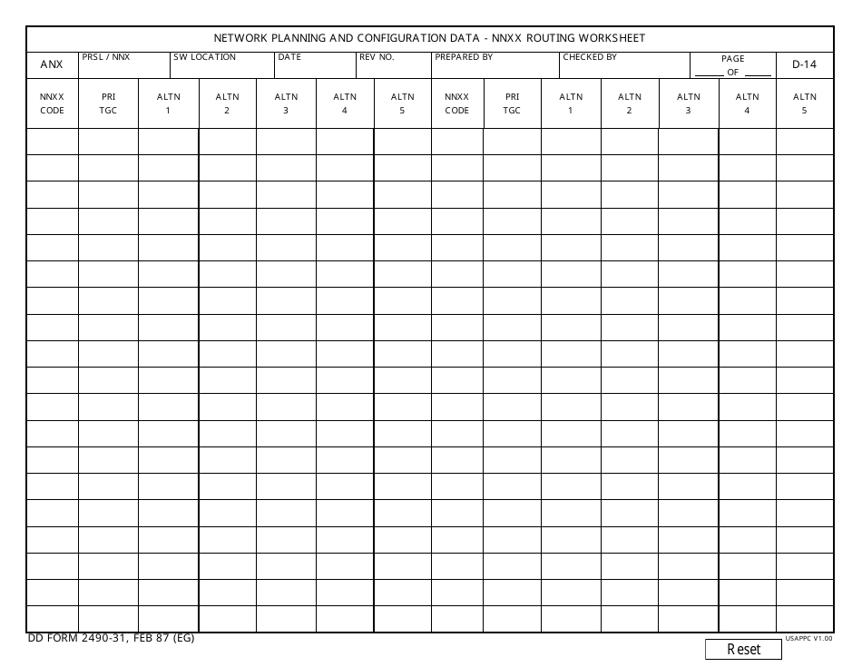 DD Form 2490-31 Network Planning and Configuration Data - Nnxx Routing Worksheet, Page 1