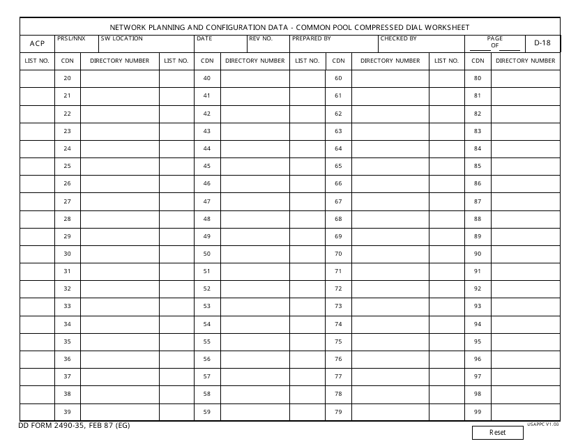 DD Form 2490-35 Network Planning and Configuration Data - Common Pool Compressed Dial Worksheet