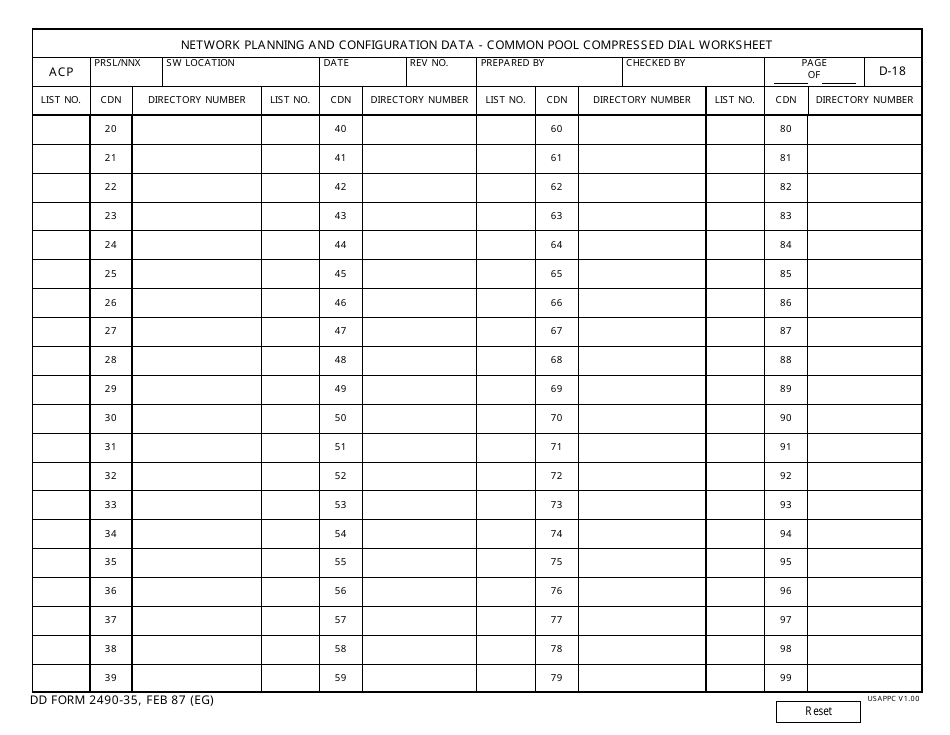 DD Form 2490-35 Network Planning and Configuration Data - Common Pool Compressed Dial Worksheet, Page 1